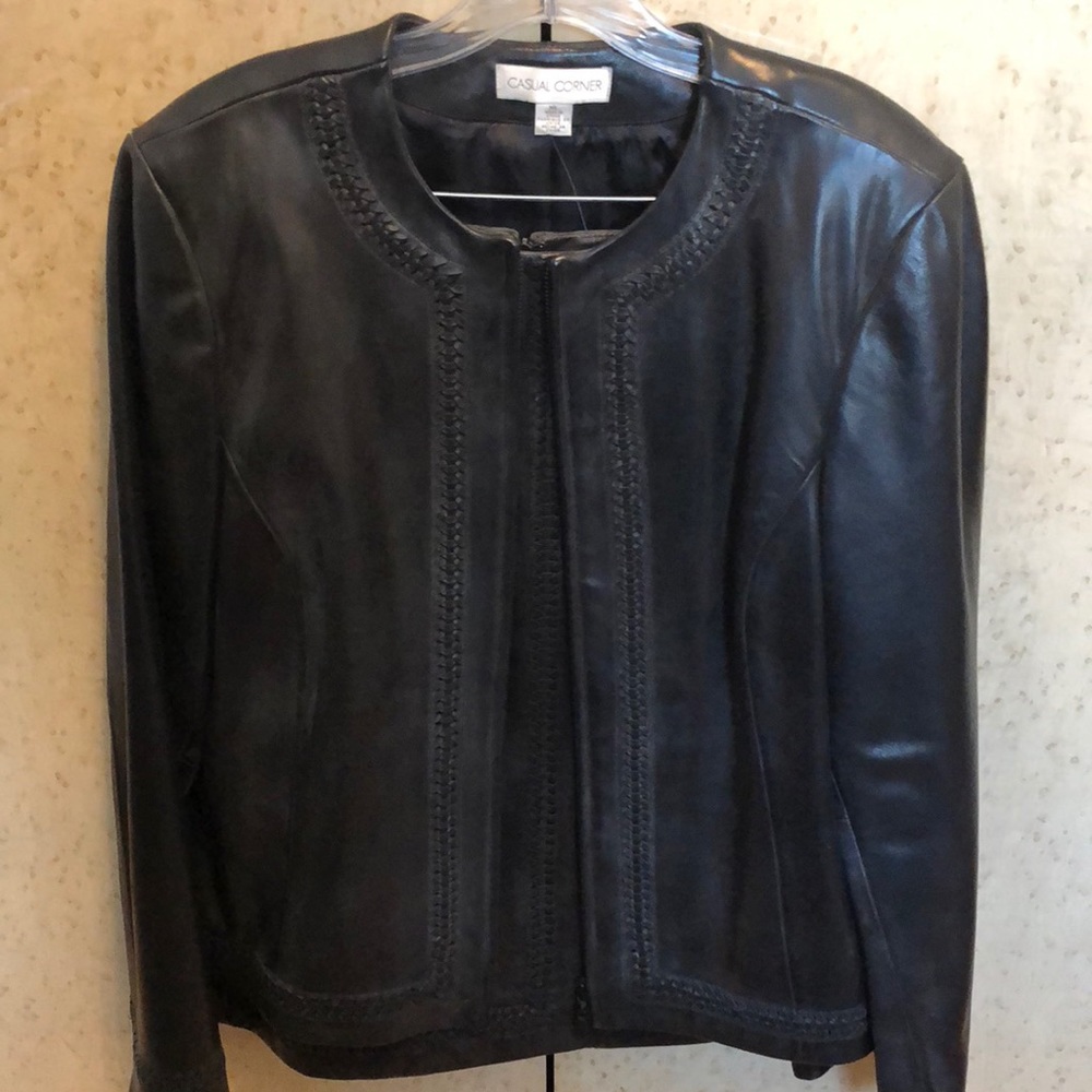 Leather jacket and a matching skirt.